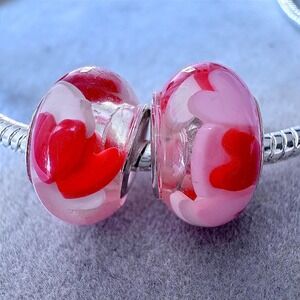 2 Red Pink Heart Murano Glass Beads fits PANDORA